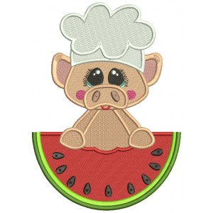 Chef Piggy Holding a Watermelon Filled Machine Embroidery Design Digitized Pattern